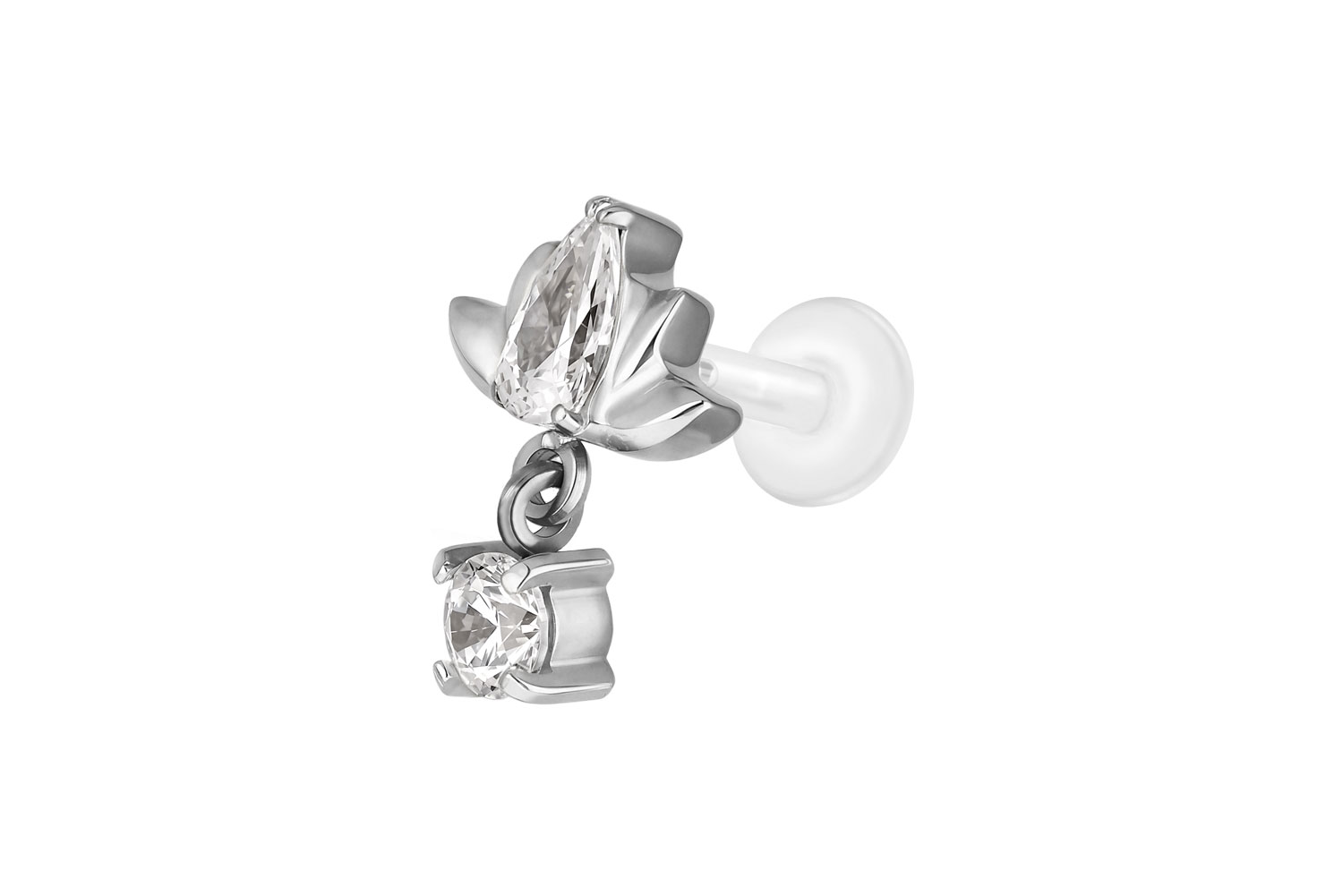 PTFE Labret Piercing mit Innengewinde + Titan-Aufsatz LOTUSBLÜTE + KRISTALL